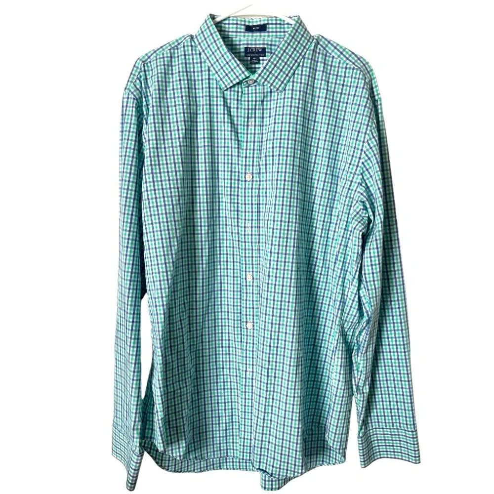 J. Crew Slim Fit Flex Wrinkle Free‎ Blue Green Check Button Down Shirt XL